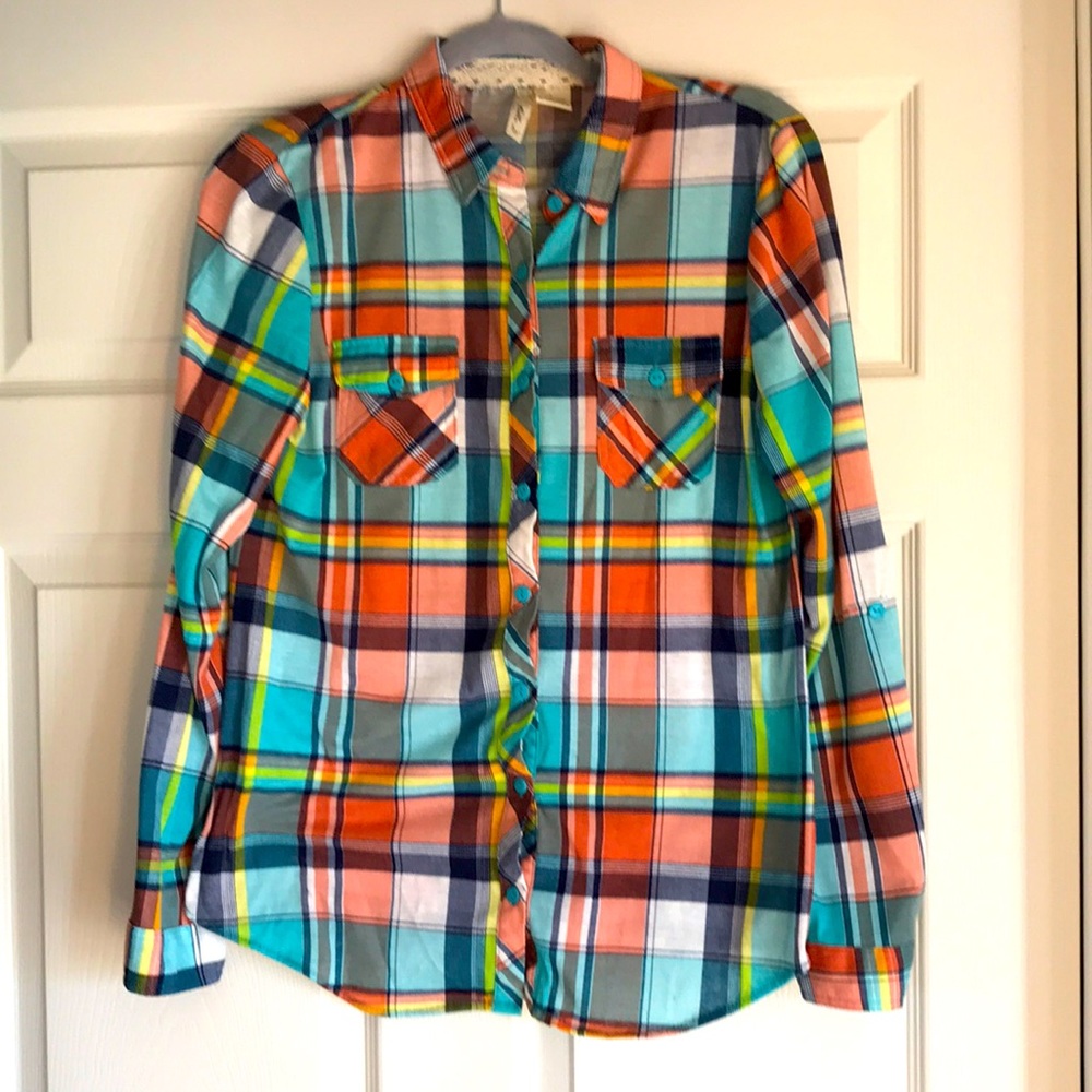 Colorful plaid button up top!